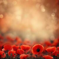 Remembrance Day background with copy space. Red poppy flowers on bokeh background. Suitable for social media posts, posters, and other marketing materials. Generative AI photo