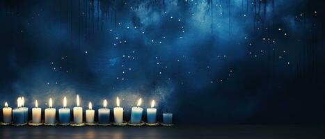 Festive Hanukkah background with traditional Hanukkah menorah, candles, dreidels, and copy space. Perfect for Hanukkah greeting cards, invitations, and other holiday designs. Generative AI photo