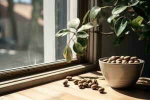 Coffee beans in a bowl on a window sill, bathed in natural light. Generative AI photo
