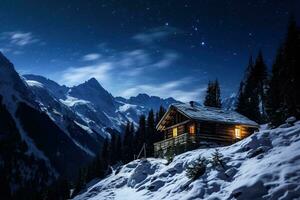 Winter wonderland panorama, wooden house in snowy mountains under starry sky. Generative AI photo