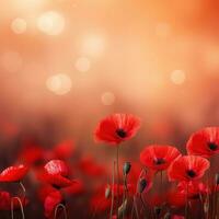 Remembrance Day background with copy space. Red poppy flowers on bokeh background. Suitable for social media posts, posters, and other marketing materials. Generative AI photo