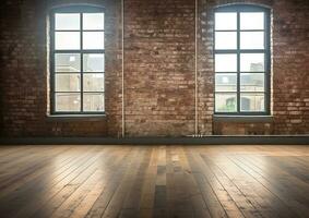 3D rendering of an empty room with big window in loft style. Wooden floor and brick wall in a modern interior. Bright and spacious space with a lot of natural light. copy space. Generative AI photo