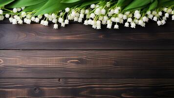 Lily of the Valley Flower on Wooden Background with Copy Space, AI Generative photo