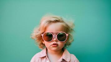 Moda retrato de elegante bebé niña con Gafas de sol en verano, ai generativo foto