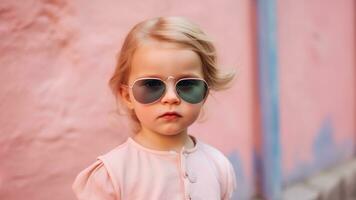 Moda retrato de elegante bebé niña con Gafas de sol en verano, ai generativo foto