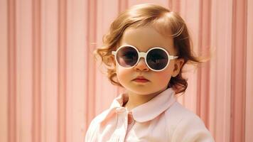 Fashion Portrait of Stylish Baby Girl with Sunglasses on Summer, AI Generative photo
