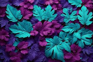 Purple and Cyan Colorful Leaves Background, Leaves Background, Leaves Wallpaper, Leaves Pattern, Fallen leaves Background, AI Generative photo