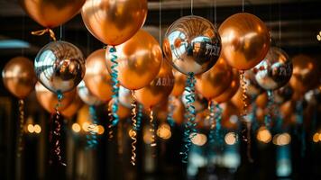 New Year's Party Decor Festive Balloons, Streamers, and Signage, AI Generative photo