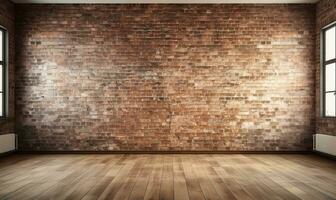 3D rendering of an empty room with big window in loft style. Wooden floor and brick wall in a modern interior. Bright and spacious space with a lot of natural light. copy space. Generative AI photo