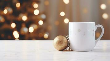 White mug on a white table with bright lights in defocus and gifts in the background. Close-up of a ceramic cup for advertising and design for New Year and Christmas. Generative AI photo