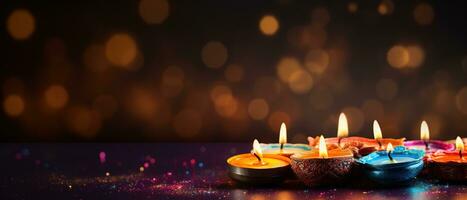 Diwali background with copy space. A lit candle on a wooden table, with a blurred bokeh background of lights. Perfect for advertising, banners, and social media posts. Generative AI photo