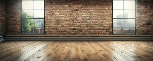 3D rendering of an empty room with big window in loft style. Wooden floor and brick wall in a modern interior. Bright and spacious space with a lot of natural light. copy space. Generative AI photo