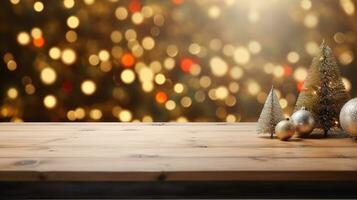 Empty wooden table with Christmas tree in background, perfect for showcasing your products or designs. Generative AI photo