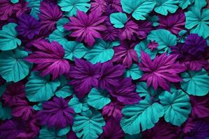 Purple and Cyan Colorful Leaves Background, Leaves Background, Leaves Wallpaper, Leaves Pattern, Fallen leaves Background, AI Generative photo