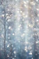 Sparkling silver branches on a light silver blur background, creating a magical. Template for Christmas and New Year cards, social media posts, and website designs. Copy space. Generative AI photo