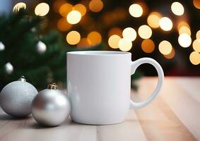 White mug on a white table with bright lights in defocus and gifts in the background. Close-up of a ceramic cup for advertising and design for New Year and Christmas. Generative AI photo