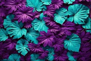 Purple and Cyan Colorful Leaves Background, Leaves Background, Leaves Wallpaper, Leaves Pattern, Fallen leaves Background, AI Generative photo