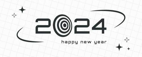 Happy New 2024 Year greeting in retro Y2K aesthetics with grid and blinks, futuristic nostalgia. Vector illustration.