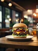 burger on table with cafe atmosphere, AI generated photo