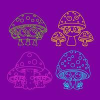 Trippy characters set - mushrooms with bid eyed face in retro neon style. Groovy sticker with plant for print. Linear vector illustration.