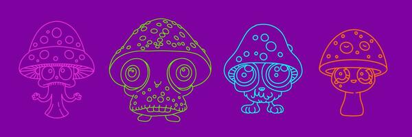 Kawaii illustration set of mushroom characters. Groovy psychedelic mascots for print. Linear vector illustration.