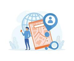 GPS navigation concept in flat style. Man uses GPS navigator scene. Navigate mapping technology, cartography and geolocation system banne. flat vector modern illustration