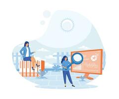 People characters working with data visualization, analyzing tables, charts and graphs at business dashboard. flat vector modern illustration