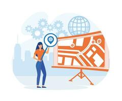 Set Geolocation Concept with Tiny Male and Female Characters Searching Route and Looking on Map Online in Smartphone Application. flat vector modern illustration