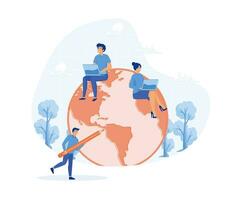 Work from anywhere around the world, remote working. business people sitting around world map on globe working with online computer. flat vector modern illustration