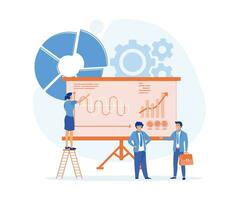 Big data science analysis concept. Marketing research, project development management. Business team brainstorming, flat vector modern illustration