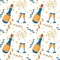 Flat minimalistic hand drawn celebrating seamless pattern. New Year Eve traditional elements in flat style with dotted texture on white background. Ideal for background, wrapping paper, textile vector