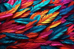 Neon Feather Background, Colorful Feather Wallpaper, Feathers Background, Fluffy Feather Texture, Feather Pattern, Feather Texture, Fur Texture, AI Generative photo