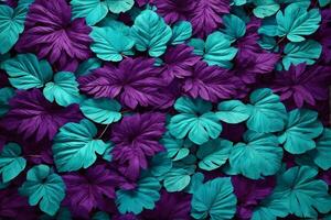 púrpura y cian vistoso hojas fondo, hojas fondo, hojas fondo de pantalla, hojas patrón, caído hojas fondo, ai generativo foto