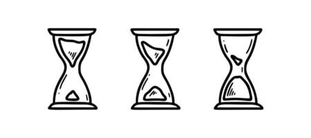 Doodle hourglass icons set. Sketch sandglass clock time countdown. Hand drawn computer interface timer symbol. vector