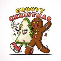 Gingerbread Men and pine tree cookie characters walk together, cute mascot character for Christmas and winter. Suitable for logos, mascots, t-shirts, stickers and posters vector