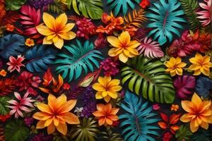 Colorful Tropical Leaves and Flowers, Tropical Flower Background, Exotic Leaves Background, Tropical Flower Wallpaper, AI Generative photo