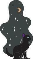 Space cats. The black cat sitting in the background with stars and the moon. Black galaxy cat set. Astrology animals. Vector Illustration.