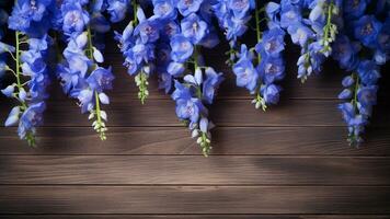 Delphinium Flower on Wood Background with Copy Space, AI Generative photo