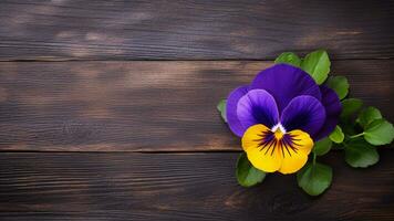 Pansy Flower on a Wood Background with Copy Space, AI Generative photo