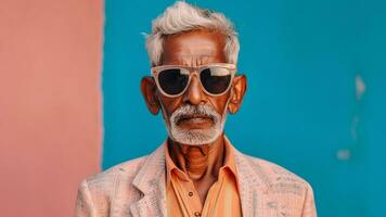 elegante verano retrato mayor hombre en Gafas de sol en pastel, ai generativo foto