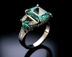 Photography of unique green emerald engagement ring design - AI Generative photo