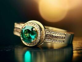 Photography of unique green emerald engagement ring design - AI Generative photo