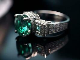 Photography of unique green emerald engagement ring design - AI Generative photo