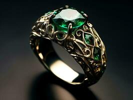 Photography of unique green emerald engagement ring design - AI Generative photo