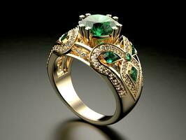 Photography of unique green emerald engagement ring design - AI Generative photo