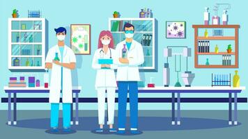 Laboratory Assistant. Scientists Young Doctors conducting research in a lab, interior of science laboratory. Vaccine Development. Vector flat Illustration. Background for presentation or website