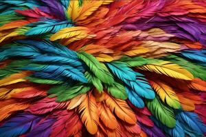 Rainbow Feather Background, Rainbow Colorful Feather Wallpaper, Multicolor Feathers Background, Colorful Feather Texture, AI Generative photo