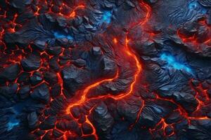 azul y rojo lava textura fondo, brillante lava textura fondo, magma fluir, lava fluir, agrietado lava, ai generativo foto