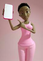 linda joven negro dama 3d dibujos animados personaje participación y demostración teléfono inteligente con blanco pantalla terminado rosado antecedentes. 3d representación. foto