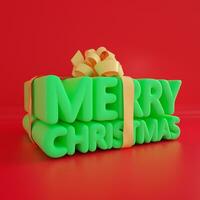 3d rendering of Merry Christmas text in the shape of gift box. Ribbon wrapped around green text isolated on red background. photo